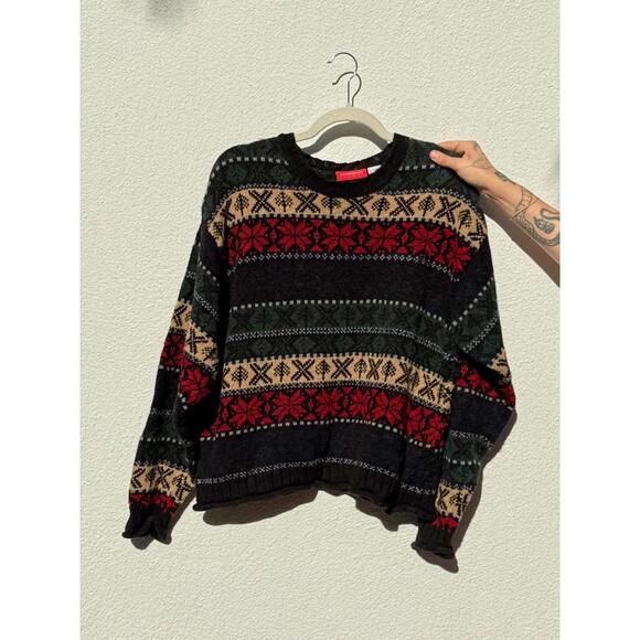 VTG Liz Claiborne 90s Fair Isle Knit Boxy Nordic Cropped Holiday Sweater - Picture 2 of 6